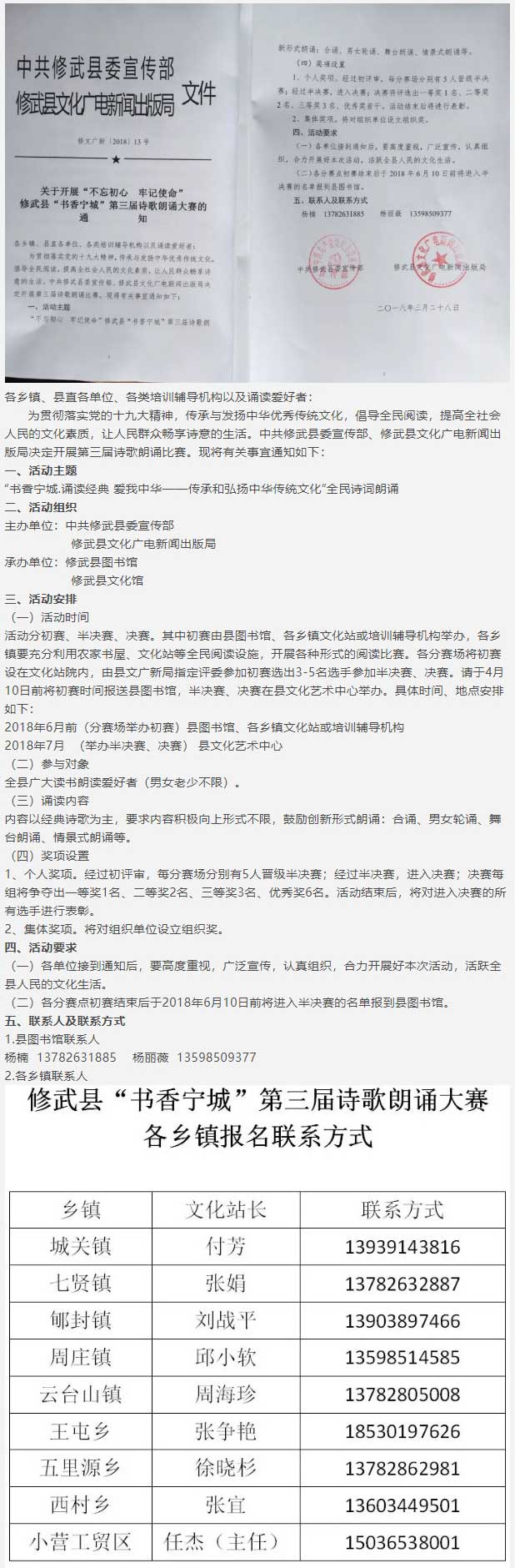 关于开展“不忘初心-牢记使命”-修武县“书香宁城”第三届诗歌朗诵大赛的通知